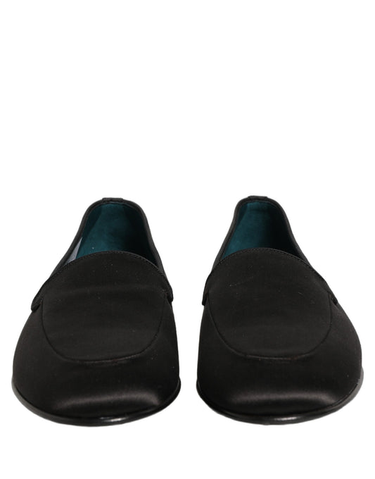 Dolce & Gabbana Black Satin Logo Slip On Flats Loafers Shoes