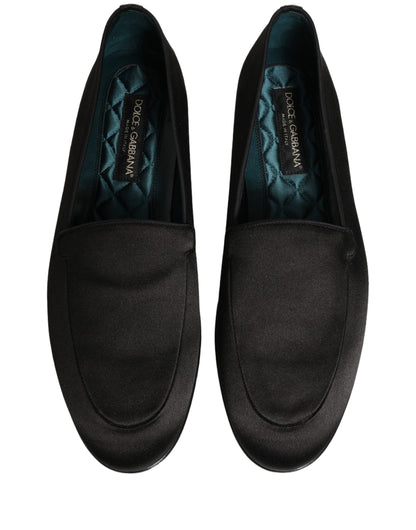 Dolce & Gabbana Black Satin Logo Slip On Flats Loafers Shoes
