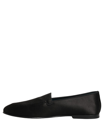 Dolce & Gabbana Black Satin Logo Slip On Flats Loafers Shoes
