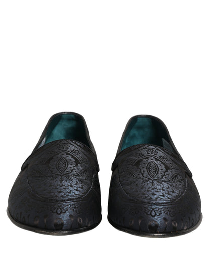 Dolce & Gabbana Blue Jacquard Leather Slip On Loafers Shoes