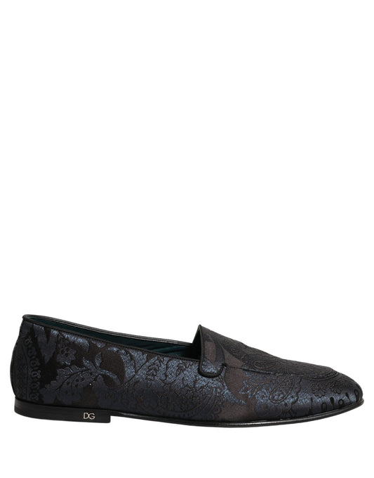 Dolce & Gabbana Silver Jacquard Leather Slip On Loafers Shoes