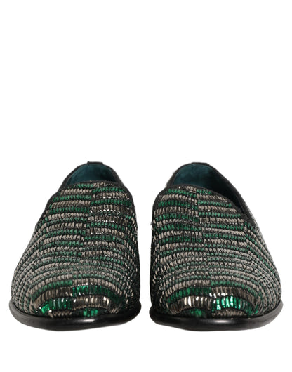 Dolce & Gabbana Silver Green Embellished Dress Loafers Shoes