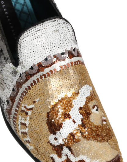Dolce & Gabbana White Gold Sequined Slip On Loafers Shoes
