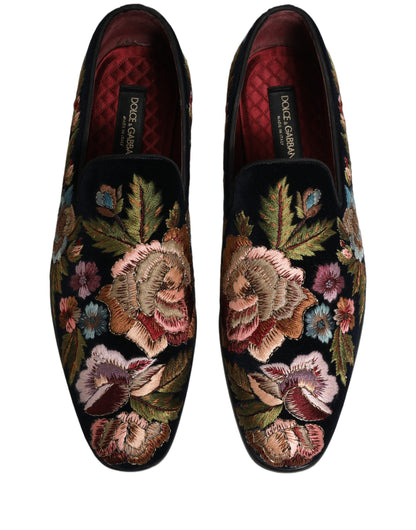 Dolce & Gabbana Black Velvet Floral Embroidery Loafers Shoes