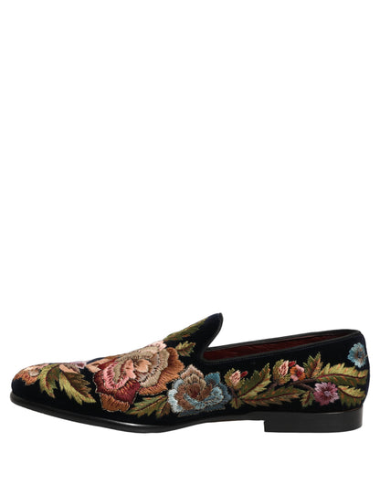 Dolce & Gabbana Black Velvet Floral Embroidery Loafers Shoes