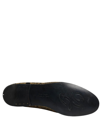 Dolce & Gabbana Gold Jacquard Leather Slip On Loafers Shoes