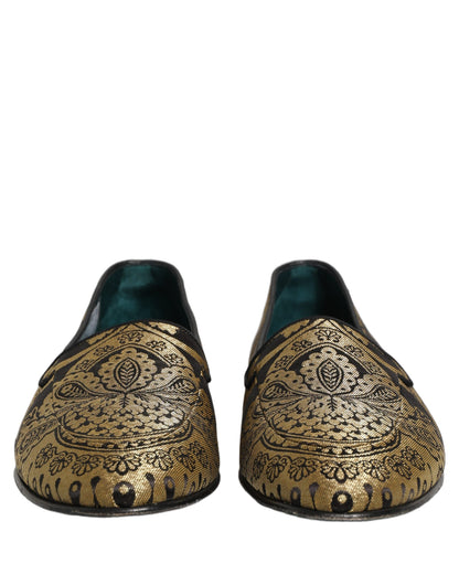 Dolce & Gabbana Gold Jacquard Leather Slip On Loafers Shoes