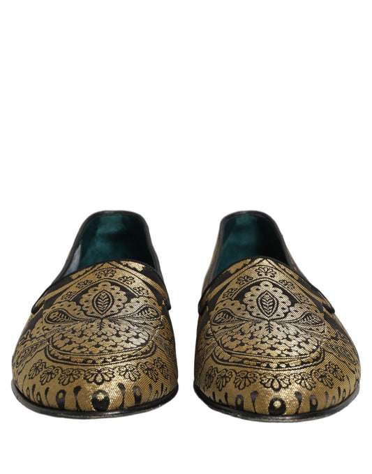 Dolce & Gabbana Gold Jacquard Leather Slip On Loafers Shoes