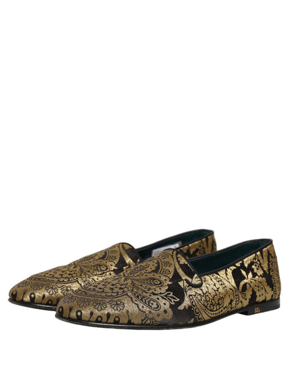 Dolce & Gabbana Gold Jacquard Leather Slip On Loafers Shoes