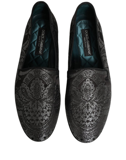 Dolce & Gabbana Silver Jacquard Leather Slip On Loafers Shoes