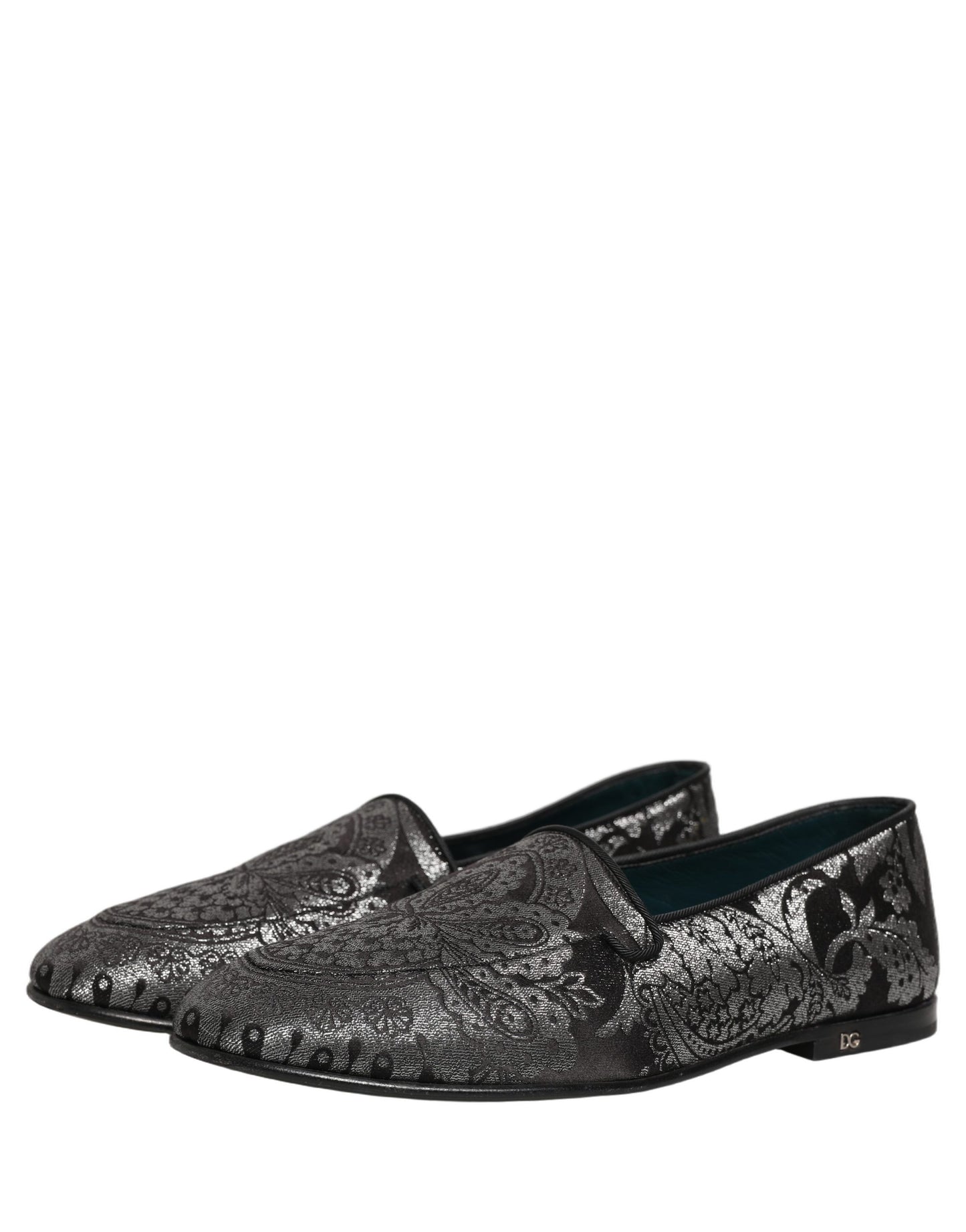 Dolce & Gabbana Silver Jacquard Leather Slip On Loafers Shoes