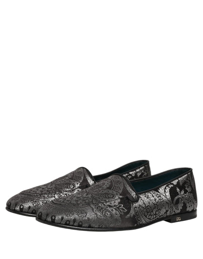 Dolce & Gabbana Silver Jacquard Leather Slip On Loafers Shoes
