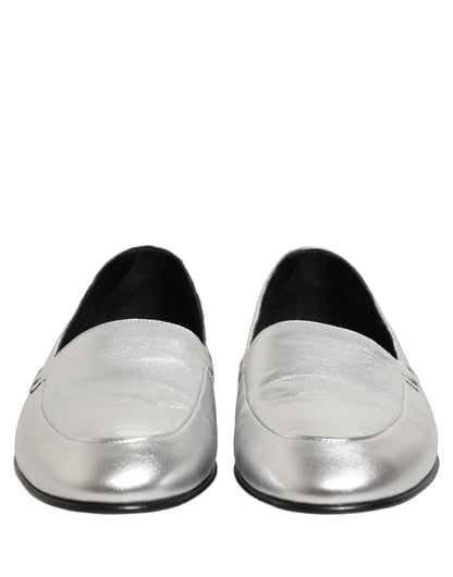 Dolce & Gabbana Silver Leather DG Logo Slip On Loafers Shoes