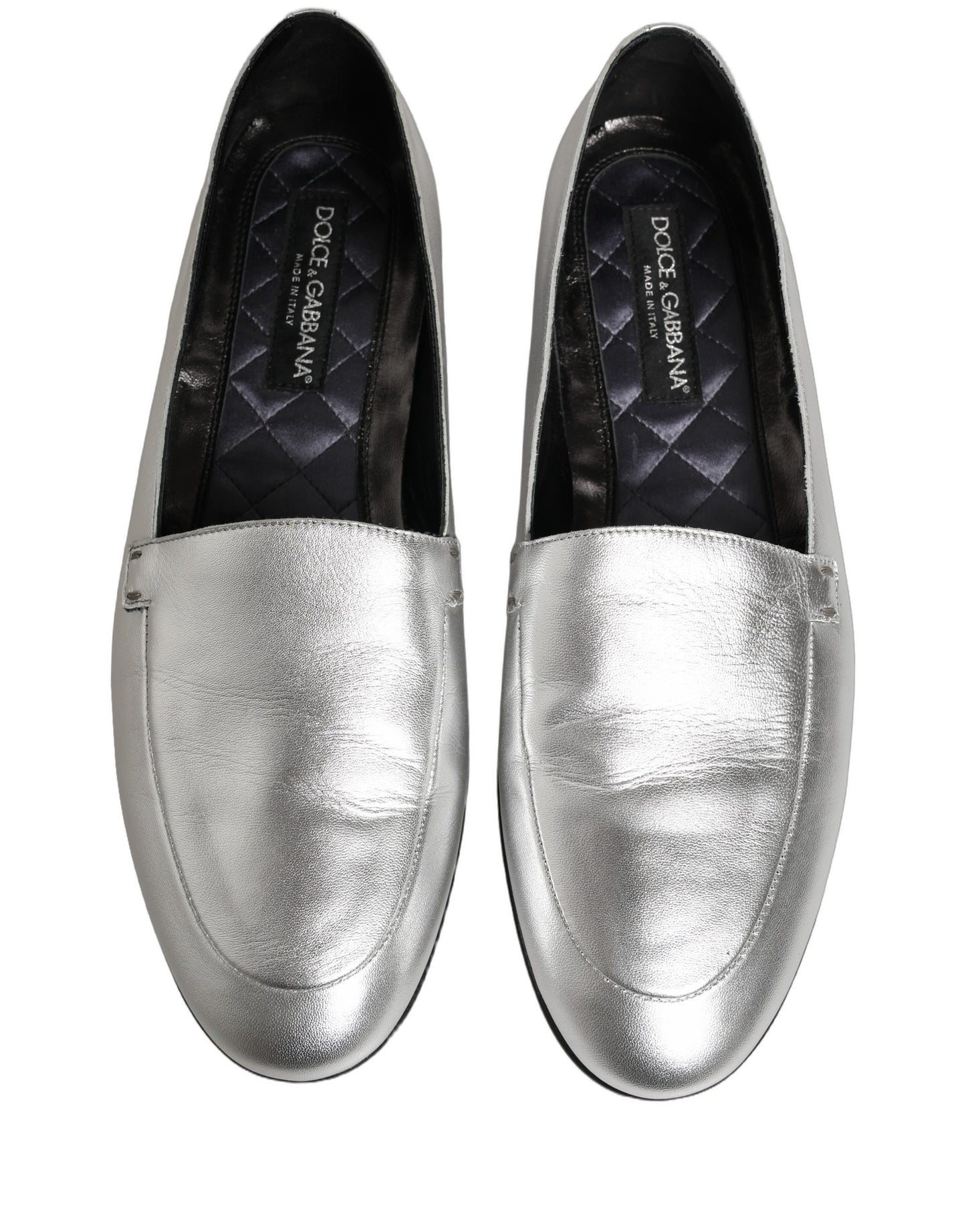 Dolce & Gabbana Silver Leather DG Logo Slip On Loafers Shoes