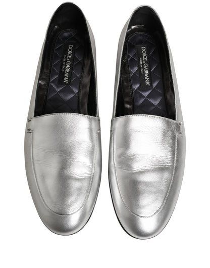 Dolce & Gabbana Silver Leather DG Logo Slip On Loafers Shoes