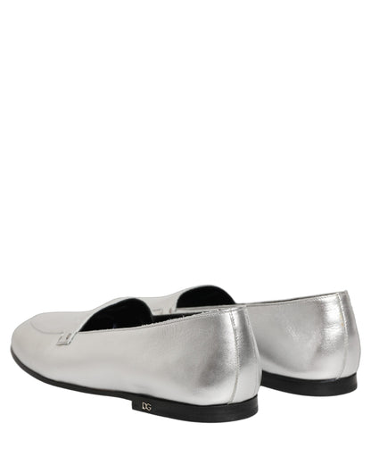 Dolce & Gabbana Silver Leather DG Logo Slip On Loafers Shoes
