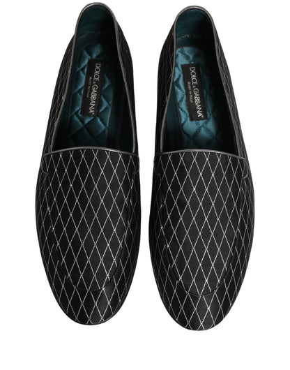 Dolce & Gabbana Black Velvet Diamond Stitched Loafers Shoes