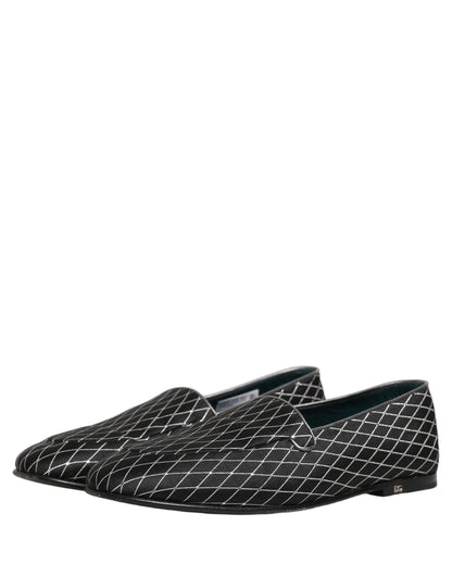 Dolce & Gabbana Black Velvet Diamond Stitched Loafers Shoes