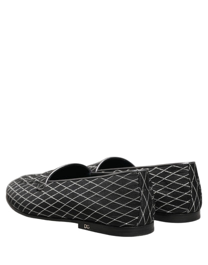 Dolce & Gabbana Black Velvet Diamond Stitched Loafers Shoes