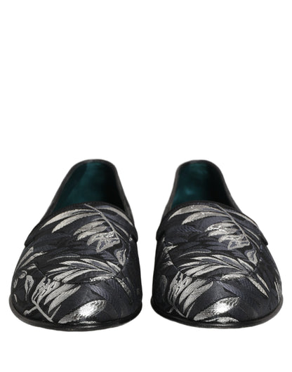 Dolce & Gabbana Black Leaf Embroidery Dress Men Loafers Shoes