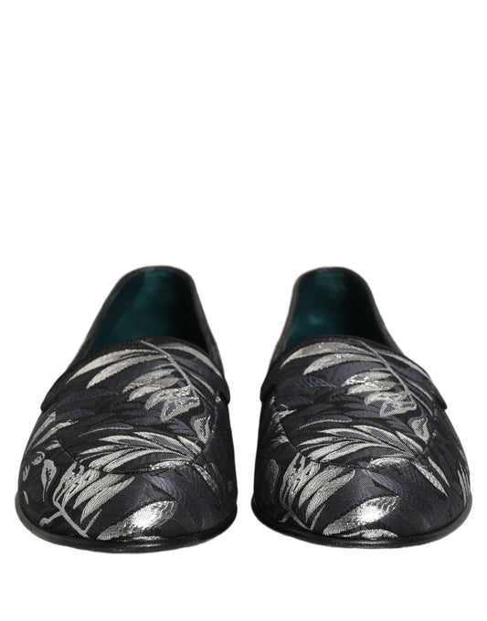 Dolce & Gabbana Black Leaf Embroidery Dress Men Loafers Shoes