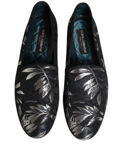 Dolce & Gabbana Black Leaf Embroidery Dress Men Loafers Shoes