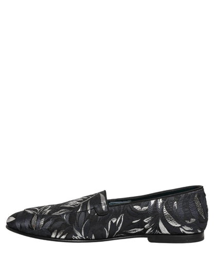 Dolce & Gabbana Black Leaf Embroidery Dress Men Loafers Shoes