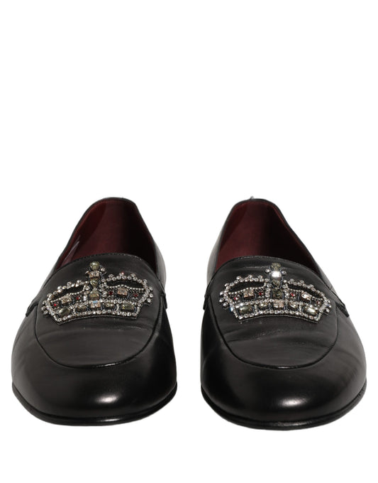 Dolce & Gabbana Black Leather Crown Embellished Loafers Shoes