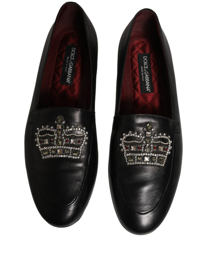 Dolce & Gabbana Black Leather Crown Embellished Loafers Shoes