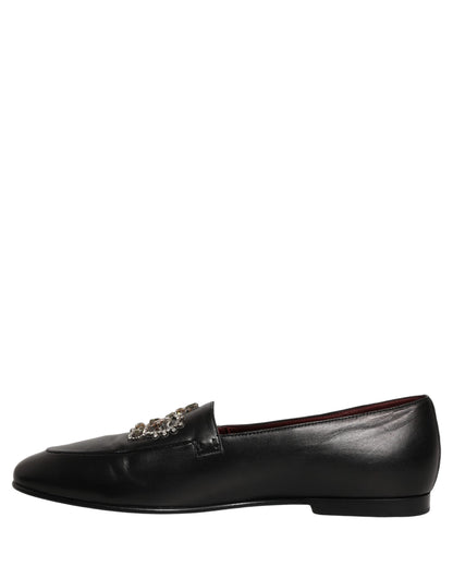 Dolce & Gabbana Black Leather Crown Embellished Loafers Shoes