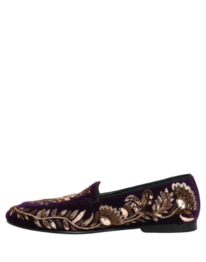 Dolce & Gabbana Violet Velvet Floral Embroidery Loafers Shoes