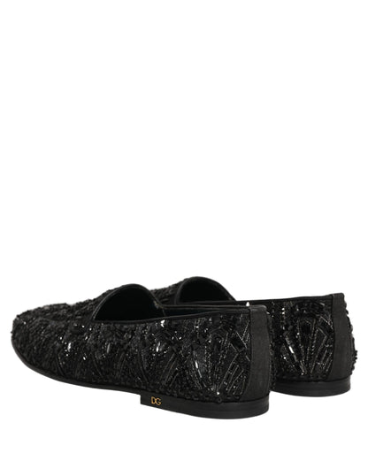 Dolce & Gabbana Black Velvet Embroidered Dress Loafers Shoes