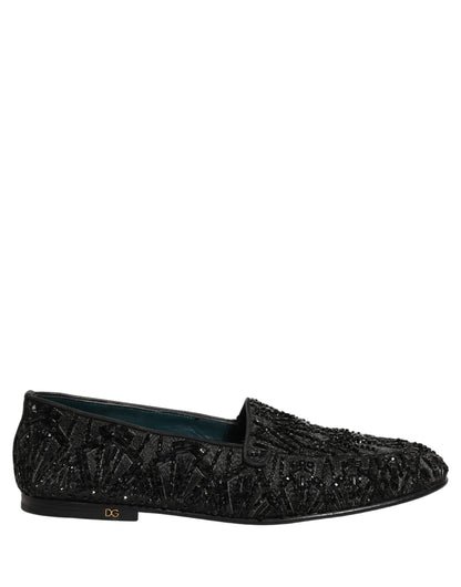 Dolce & Gabbana Black Velvet Embroidered Dress Loafers Shoes