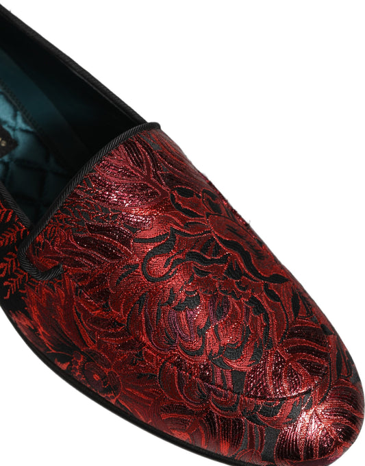 Dolce & Gabbana Red Floral Jacquard Slip On Loafers Shoes