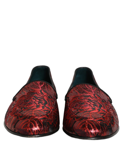 Dolce & Gabbana Red Floral Jacquard Slip On Loafers Shoes