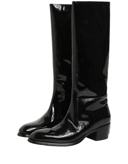 Dolce & Gabbana Black Leather Knee High Heels Boots Shoes