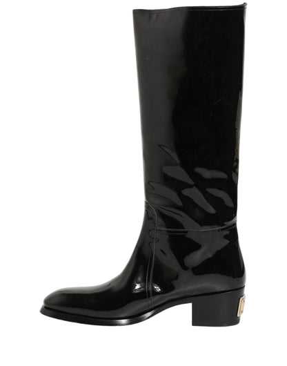 Dolce & Gabbana Black Leather Knee High Heels Boots Shoes