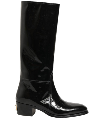 Dolce & Gabbana Black Leather Knee High Heels Boots Shoes