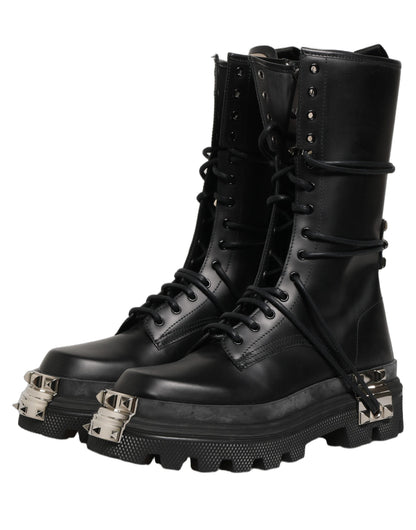 Dolce & Gabbana Black Stud Platform Combat High Boots Shoes