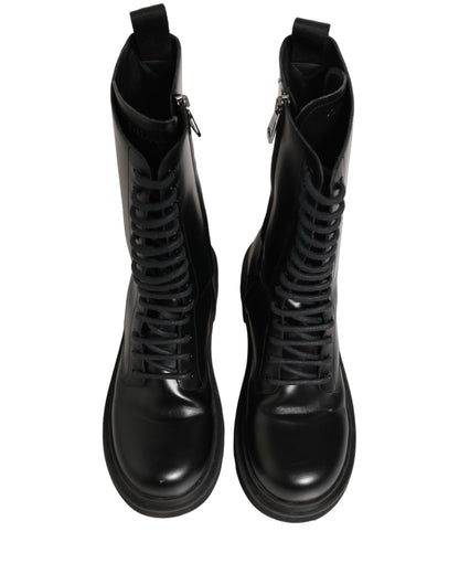 Dolce & Gabbana Black Leather Lace Up Men Combat Boots Shoes