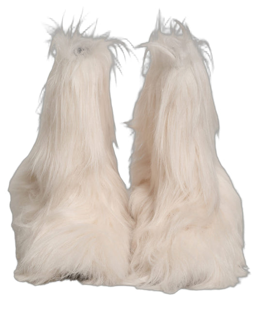 Dolce & Gabbana White Faux Fur Mid Calf Men Boots Shoes
