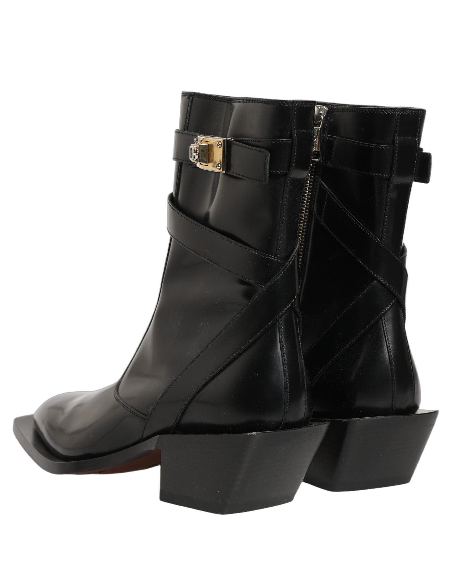 Dolce & Gabbana Black Leather DG Plaque Mid Calf Boots Shoes
