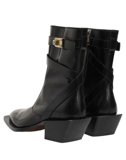 Dolce & Gabbana Black Leather DG Plaque Mid Calf Boots Shoes