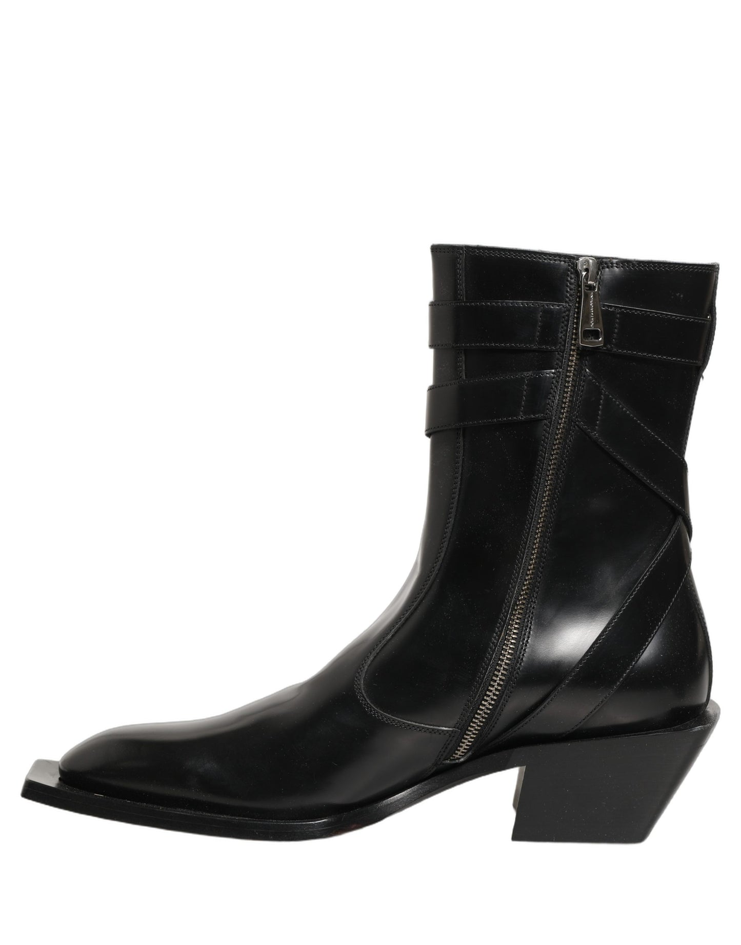 Dolce & Gabbana Black Leather DG Plaque Mid Calf Boots Shoes