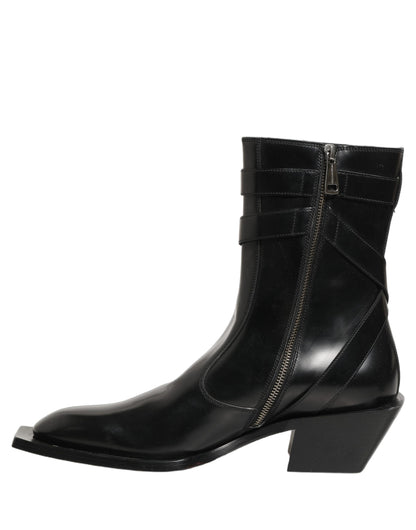Dolce & Gabbana Black Leather DG Plaque Mid Calf Boots Shoes