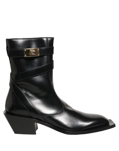 Dolce & Gabbana Black Leather DG Plaque Mid Calf Boots Shoes
