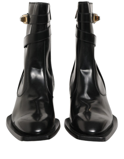 Dolce & Gabbana Black Leather DG Plaque Mid Calf Boots Shoes