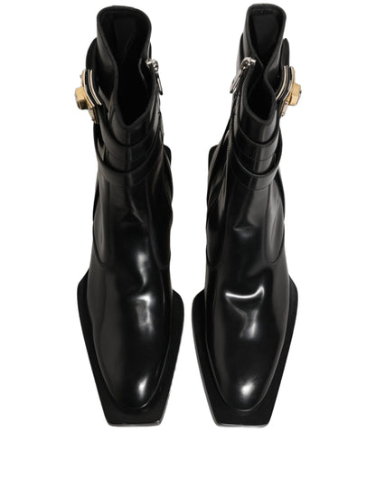 Dolce & Gabbana Black Leather DG Plaque Mid Calf Boots Shoes