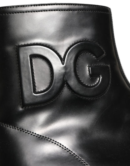 Dolce & Gabbana Black Leather Embossed Logo Ankle Boots Shoes