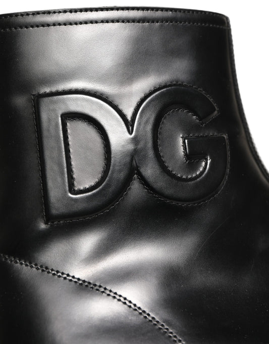 Dolce & Gabbana Black Leather Embossed Logo Ankle Boots Shoes